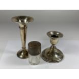 THREE HALLMARKED SILVER ITEMS - POSY VASE, CANDLESTICK AND PERFUME BOTTLE