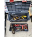 A TOOL BOX WITH AN ASSORTMENT OF TOOLS TO INCLUDE A WOOD PLANE AND A BRACE DRILL ETC