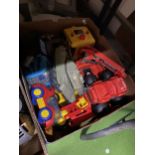 A BOX OF MIXED TOY TRUCKS & LORRIES ETC