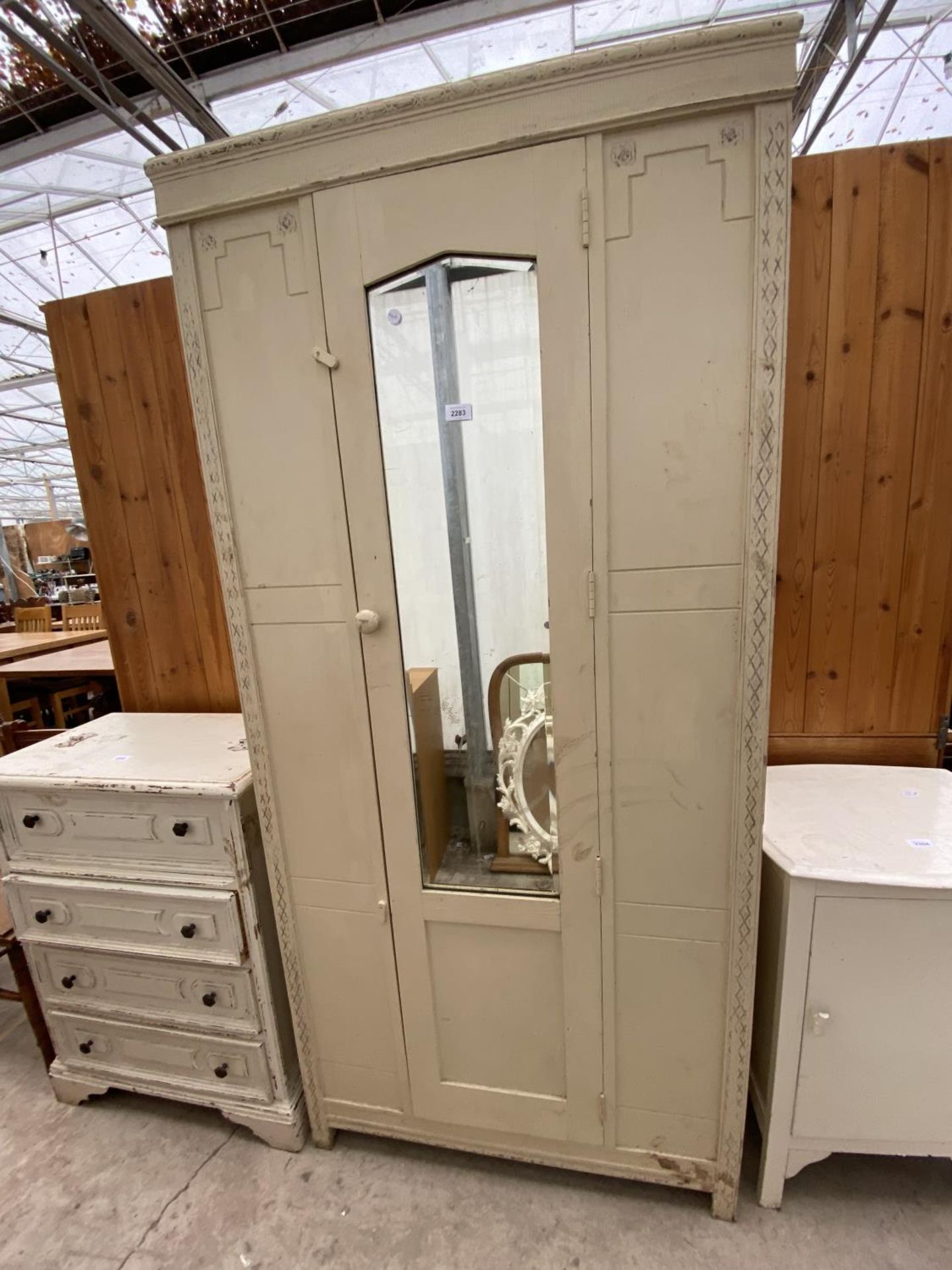 A MID 20TH CENTURY PAINTED MIRROR-DOOR WARDROBE, 35" WIDE