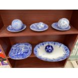 AN ASSORTMENT OF BLUE AND WHITE CERAMIC WARE TO INCLUDE PLATES, DISHES AND BALLS ETC