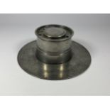 AN ANTIQUE PEWTER INKWELL WITH CERAMIC INNER LINER
