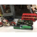 A MIXED GROUP OF TIN VEHICLES, LONDON BUS, ETC