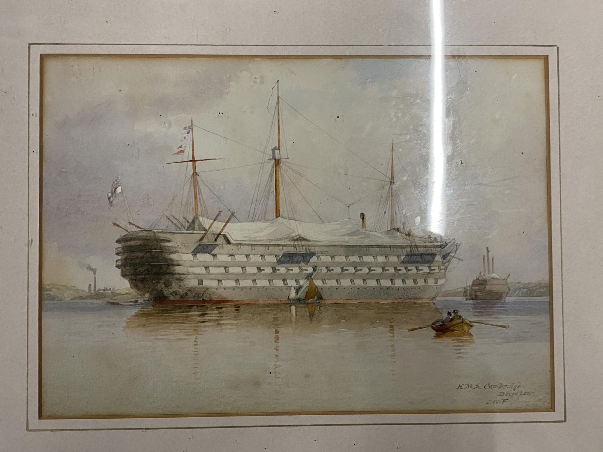 A PAIR OF 19TH CENTURY MARITIME / NAVAL WATERCOLOURS OF H.M.S EXCELLENT & H.M.S CAMBRIDGE, SIGNED - Image 6 of 9