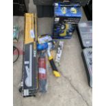 AN ASSORTMENT OF ITEMS TO INCLUDE A SAW RAIL, A DUAL FUNCTION LANTERN AND A HAMMER TACKER ETC