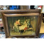 A SIGNED J SCHUBERT OIL ON BOARD OF AN INTERIOR SCENE WITH FIGURES AND A DOG, FRAMED 55CM X 46CM