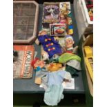 A QUANTITY OF VARIOUS TOYS TO INCLUDE PUNCH AND JUDY PUPPETS, TOY CAR ETC