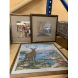 TWO FRAMED PRINTS AND A FRAMED TAPESTRY OF A DEER - 'A STUDY OF A HOUND STALKING A PHEASANT' AND '