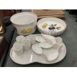 TWO PIECES OF ROYAL WORCESTER 'EVESHAM', PLUS A CERAMIC TRAY WITH EGG CUPS AND QUIRKY SPOONS