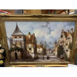 A LARGE OIL ON CANVAS OF A VINTAGE CONTINENTAL STREET SCENE (POSSIBLY BELGIUM) BY DUTCH