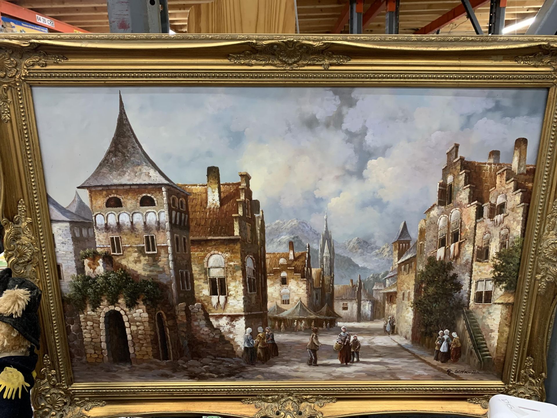 A LARGE OIL ON CANVAS OF A VINTAGE CONTINENTAL STREET SCENE (POSSIBLY BELGIUM) BY DUTCH