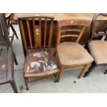 AN EDWARDIAN MAHOGANY AND INLAID BEDROOM CHAIR AND A 1950'S KITCHEN CHAIR