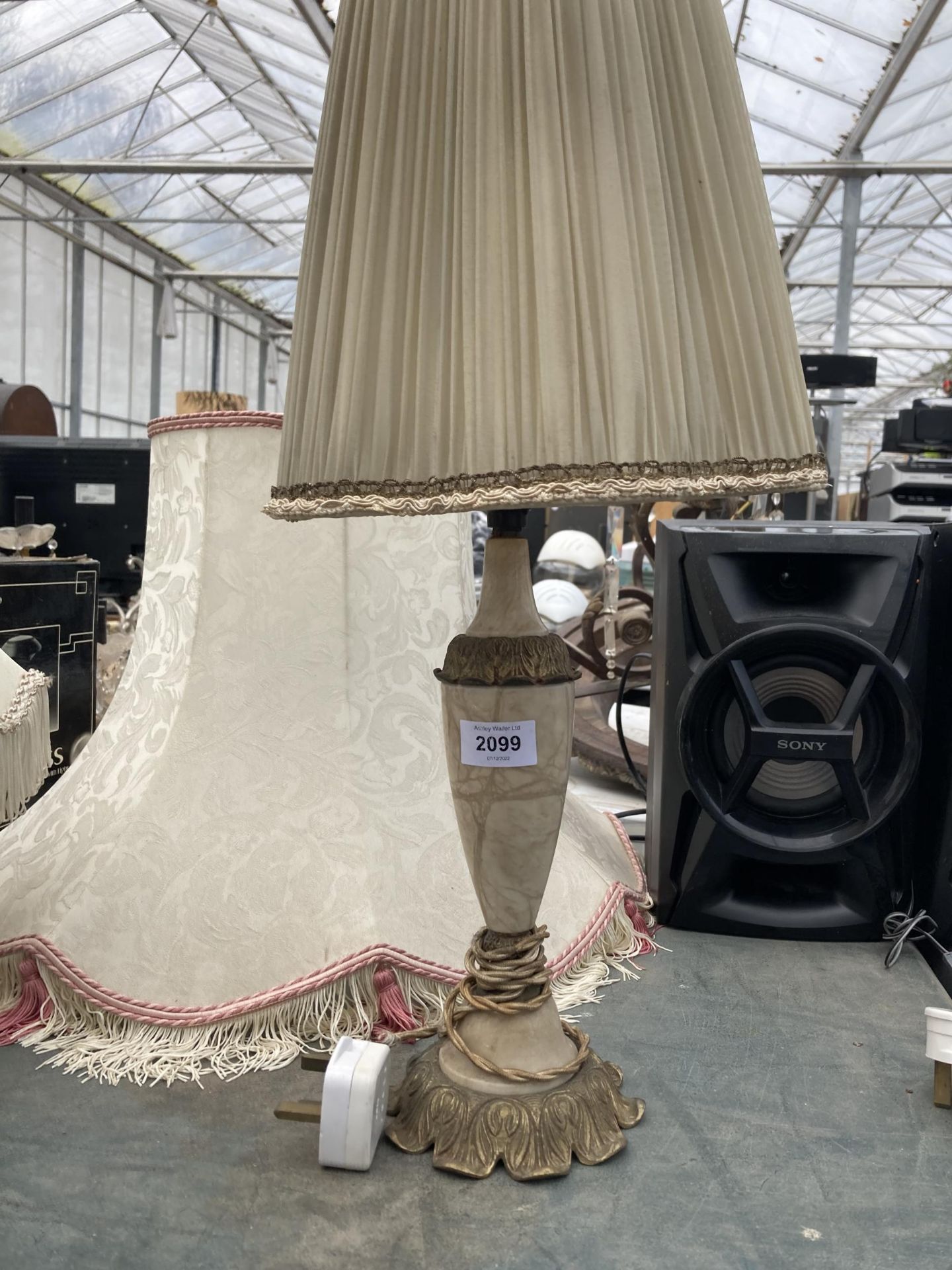 TWO TABLE LAMPS WITH SHADES AND A FURTHER LARGE LIGHT SHADE - Image 2 of 2