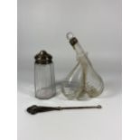 THREE SILVER ITEMS - VINAGARETTE A/F, SILVER TOPPED SUGAR SIFTER AND SILVER HANDLED BUTTON HOOK