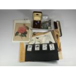 A MIXED LOT OF ITEMS TO INCLUDE A BRONZE COIN, LADIES WATCH AND BIRD STAMPS