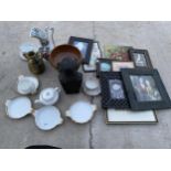 A COLLECTION OF ITEMS TO INCLUDE CERAMICS, PRINTS AND A TREEN BOWL ETC