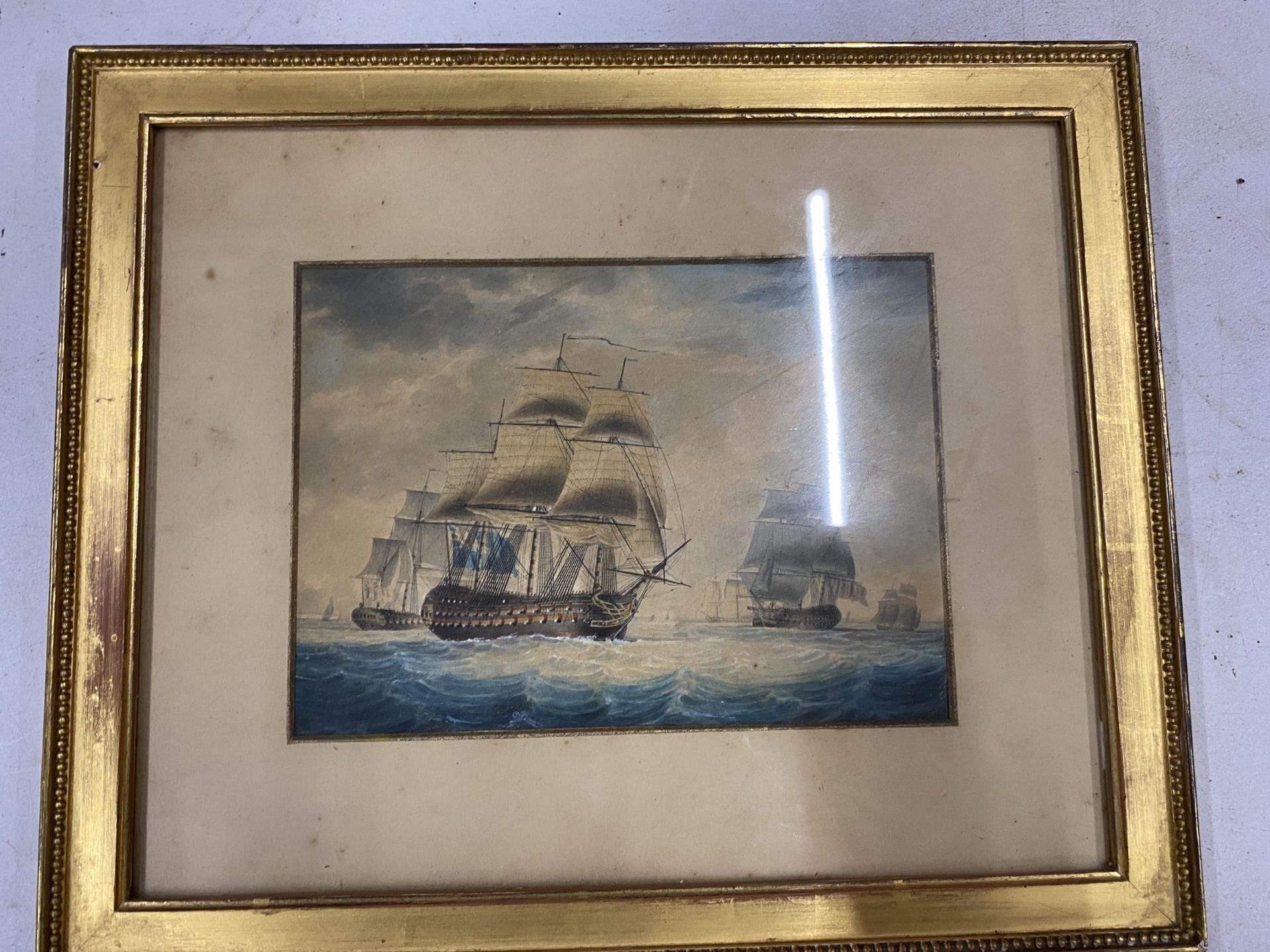 A PAIR OF EARLY 20TH CENTURY MARITIME / NAVAL GILT FRAMED WATERCOLOURS OF SHIPS, LABELS VERSO, 24 - Image 3 of 8