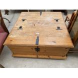 A MODERN PINE STORAGE CHEST/TABLE WITH METAL STRAPS, 35X34"