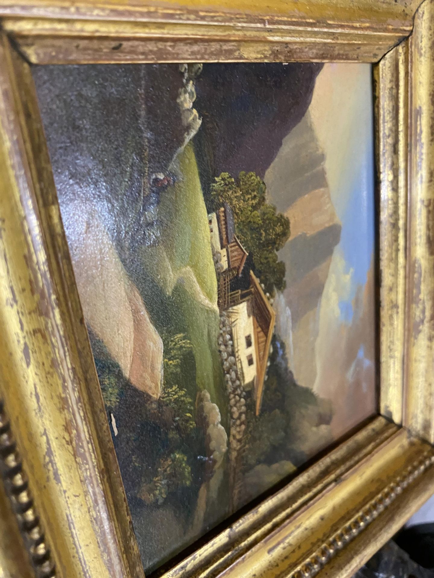 A POSSIBLY SWISS 19TH CENTURY OIL ON PANEL OF A FARM CHALET IN MOUTAINEOUS LANDSCAPE - Image 2 of 3