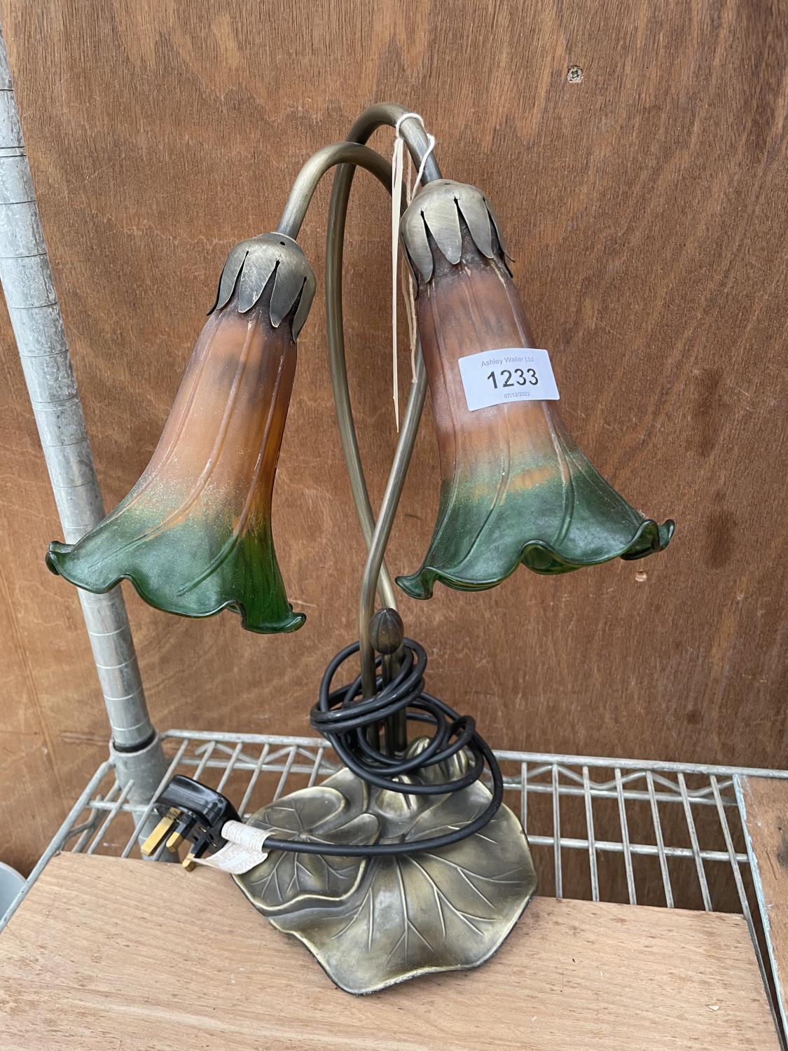 A RETRO TABLE LAMP WITH GREEN AND ORANGE GLASS SHADES