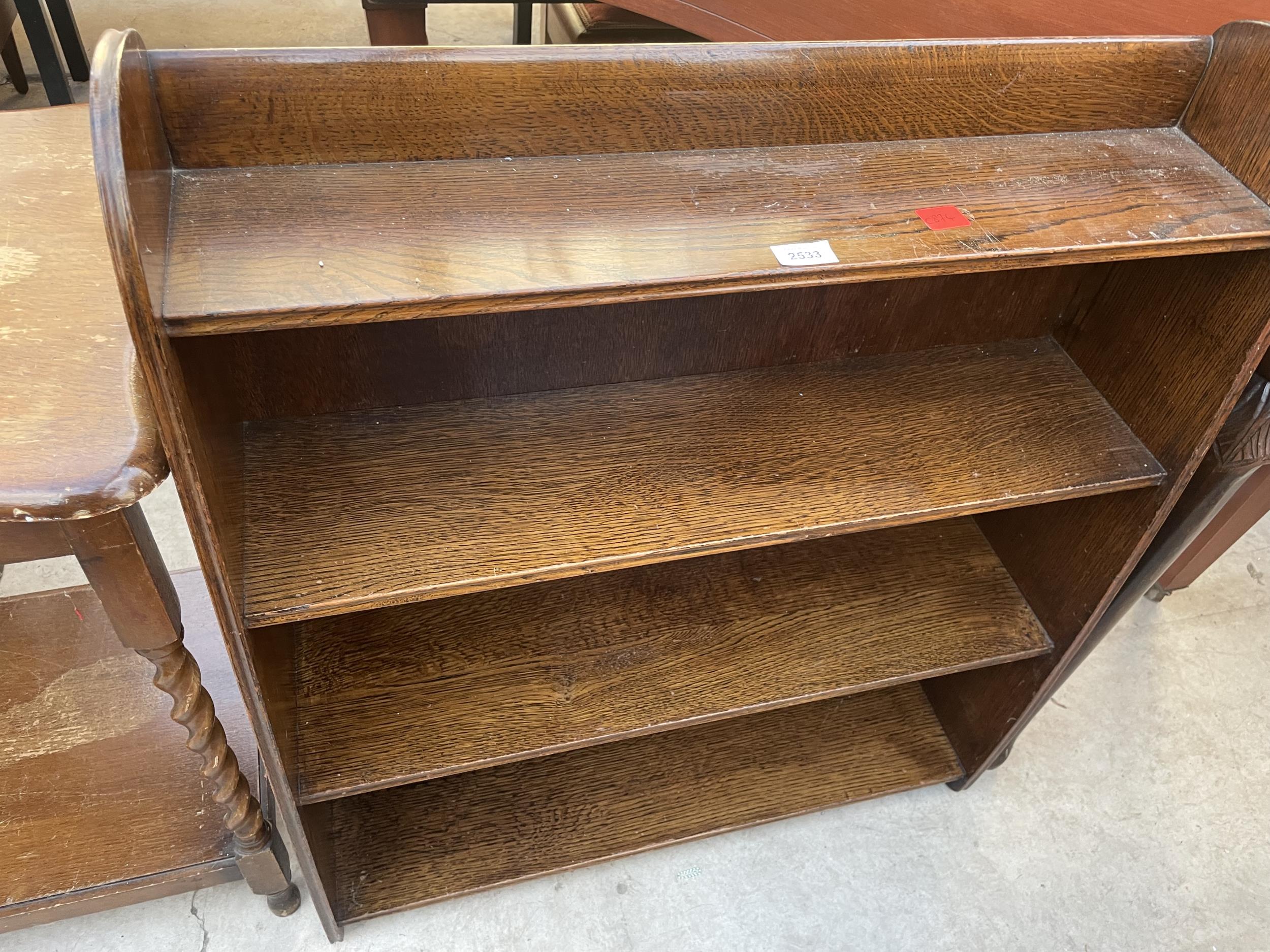 AN OAK FOUR TIER OPEN BOOKCASE, 30" WIDE AND A DEMI-LUNE HALL TABLE - Image 2 of 3