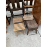 A CHILDS CHAIR, OAK PLANT STAND AND PAIR OF FOLDING TABLES