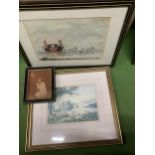 THREE VINTAGE FRAMED PRINTS TO INCLUDE 'MAILCOACH', A CASTLE SCENE AND A YOUNG GIRL IN PRAYER