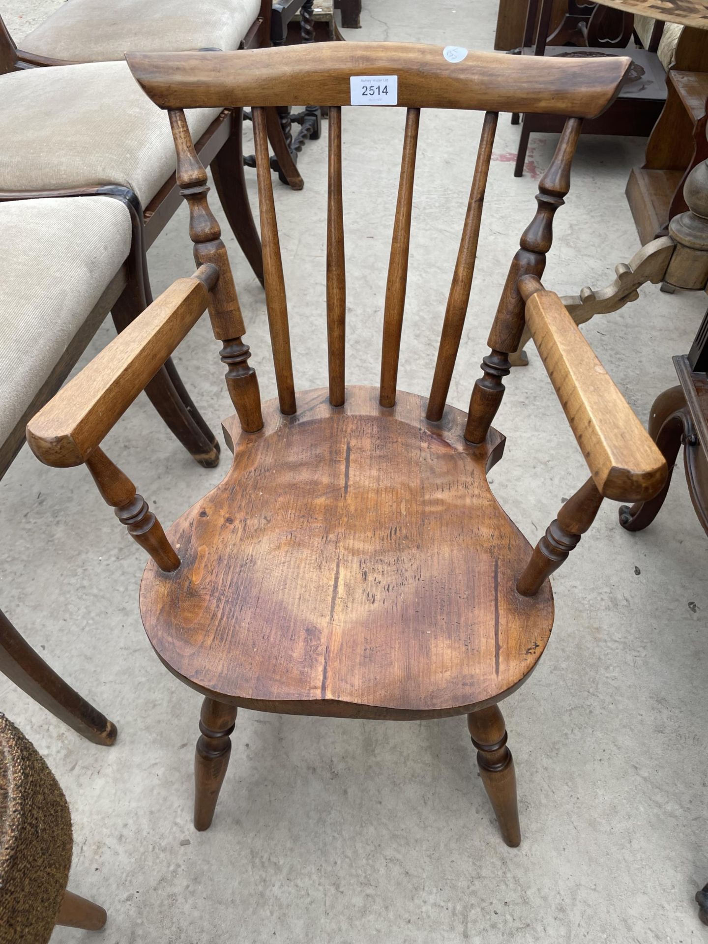 A VICTORIAN STYLE CHILDS ELBOW CHAIR BEARING 'IBEX' LABEL AND VICTORIAN PARLOUR CHAIR