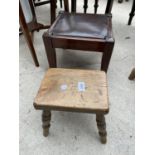 A SMALL VICTORIAN STOOL ON TURNED LEGS, 9X7" AND A 12" SQUARE MAHOGANY STOOL