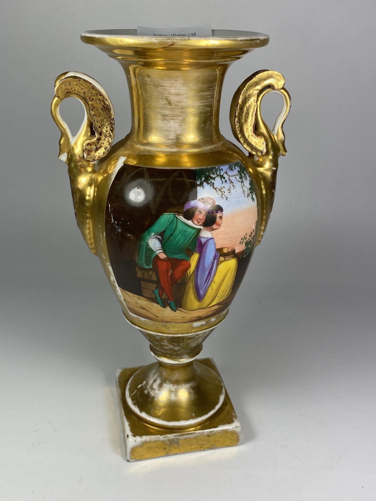 A PARIS FRENCH STYLE PORCELAIN GILT TWIN HANDLED VASE