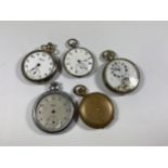A GROUP OF FIVE POCKET WATCHES TO INCLUDE A TIGER 8 DAY EXAMPLE ETC