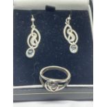 A MACINTOSH STYLE SILVER EARRINGS AND RING IN A PRESENTATION BOX