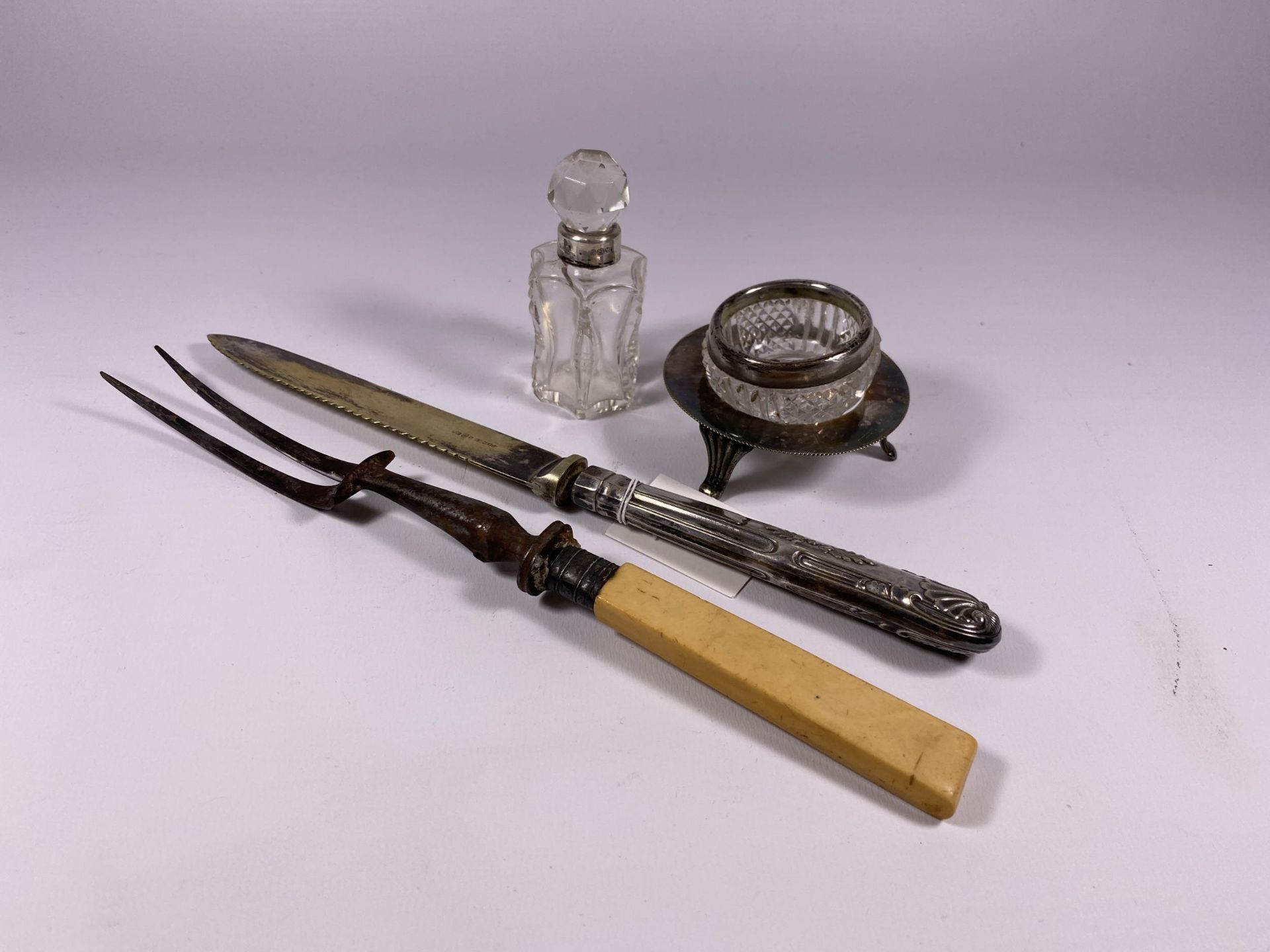 FOUR ITEMS - SILVER TOPPED INKWELL, CUT GLASS AND SILVER POT ETC