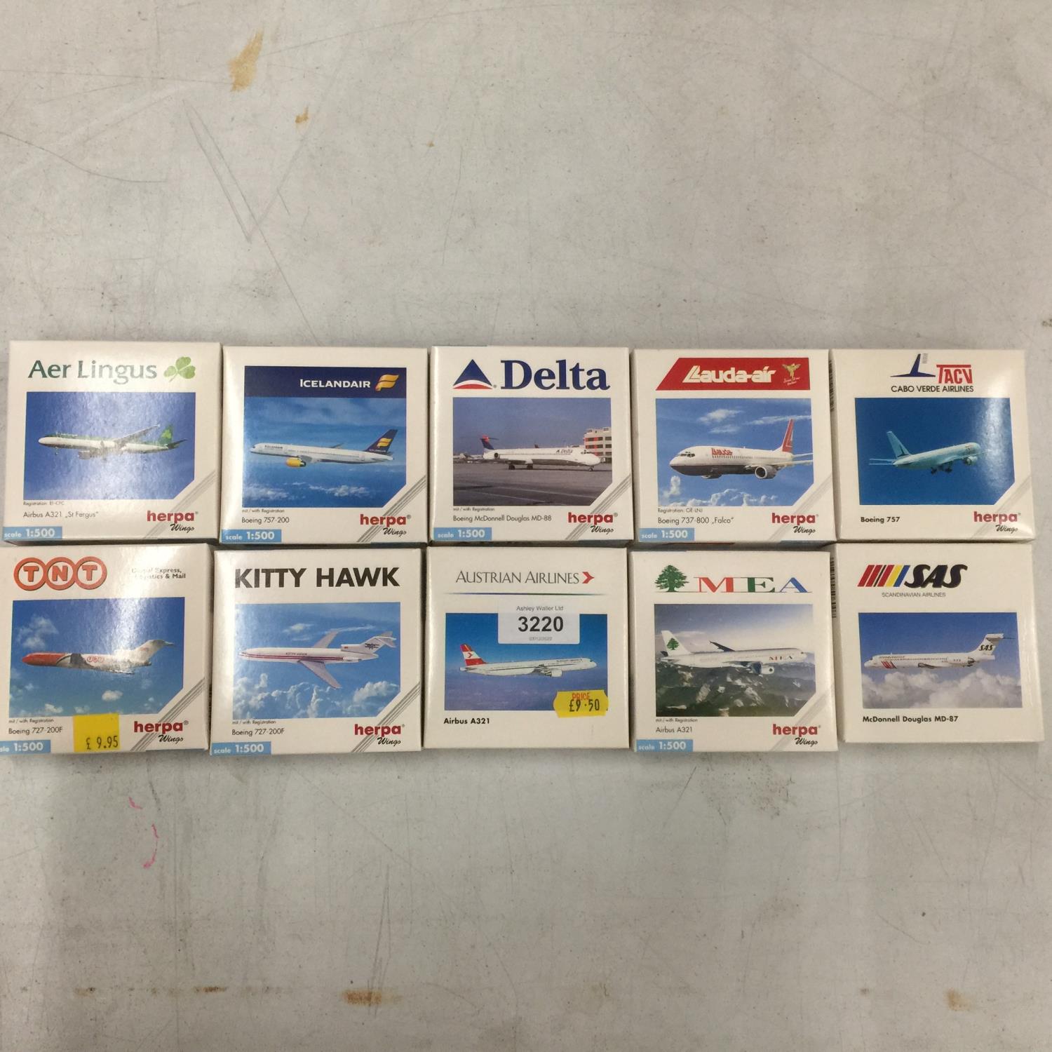 TEN ASSORTED HERPA BOXED AEROPLANE MODELS - SCALE 1:500