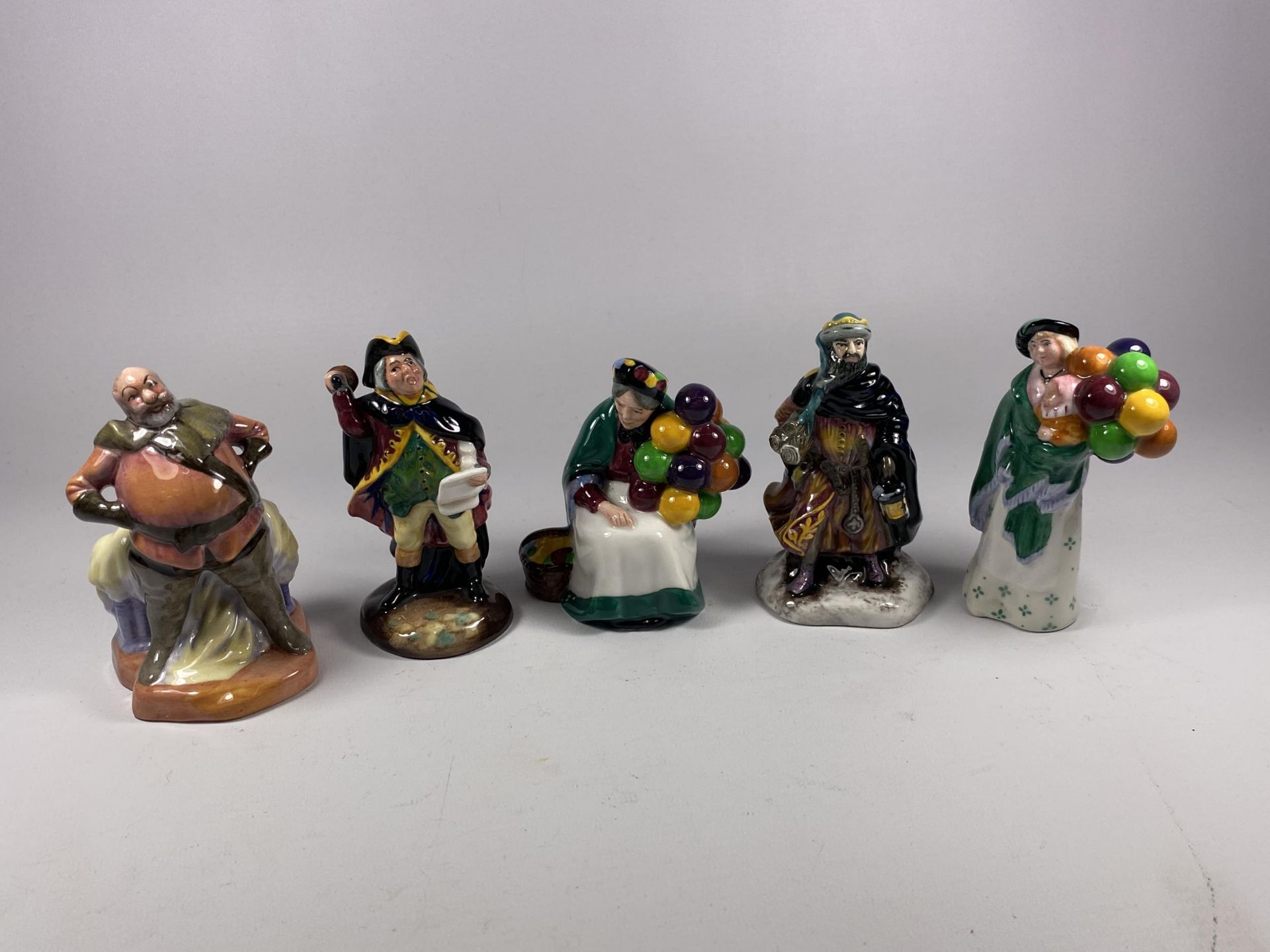 A GROUP OF FIVE SMALL ROYAL DOULTON CHARACTER FIGURES - FALSTAFF, TOWN CRIER, THE OLD BALLOON
