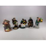 A GROUP OF FIVE SMALL ROYAL DOULTON CHARACTER FIGURES - FALSTAFF, TOWN CRIER, THE OLD BALLOON