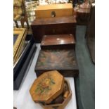 A QUANTITY OF VINTAGE BOXES TO INCLUDE A MAHOGANY TEA CADDY (MISSING INNARDS), A BANDED AND MOTHER