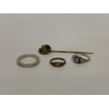 FOUR ITEMS - 9CT ROLLED GOLD CHILD'S SIGNET RING, .925 RING ETC