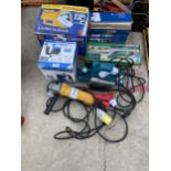 AN ASSORTMENT OF POWER TOOLS TO INCLUDE A DEWALT ANGLE GRINDER, A MAKITA ELECTRIC PLANE AND A