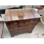 A 19TH CENTURY MAHOGANY CHEST OF TWO SHORT AND THREE GRADUATED DRAWERS, ON BRACKET FEET, 27.5" WIDE