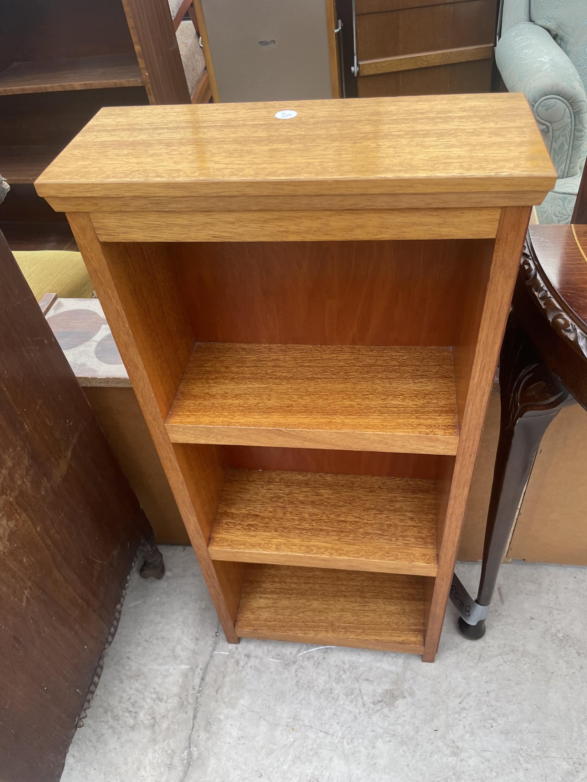 A MODERN DEMI LUNE HALL TABLE AND A SMALL OPEN BOOKCASE - Image 2 of 4