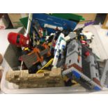 A LARGE QUANTITY OF LEGO TO INCLUDE FIGURES, BASES, BRICKS, ANIMALS, WHEELS ETC.,