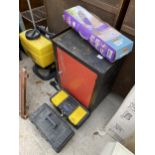 AN ASSORTMENT OF ITEMS TIO INCLUDE A METAL CUPBOARD, TWO TOOL BOXES AND A KNAPSACK SPRAYER ETC