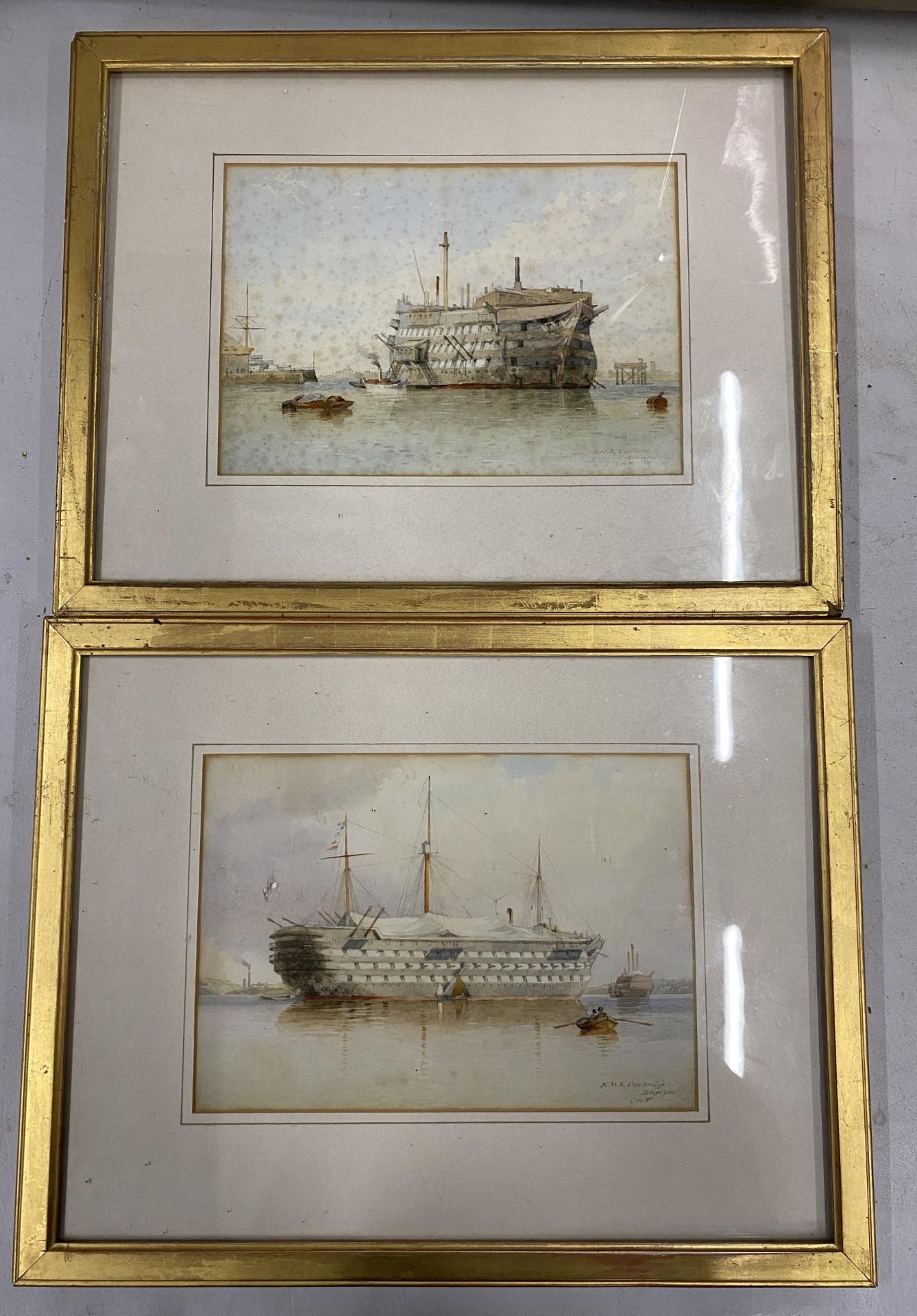 A PAIR OF 19TH CENTURY MARITIME / NAVAL WATERCOLOURS OF H.M.S EXCELLENT & H.M.S CAMBRIDGE, SIGNED