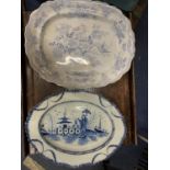 A LARGE WAVY RIM BLUE AND WHITE B & D ASIATIC PHEASANTS PLATTER TOGETHER WITH A FURTHER ORIENTAL