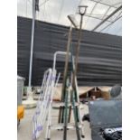 A TWO RUNG ALUMINIUM STEP LADDER, GARDEN TOOLS AND A CLOTHES AIRER ETC