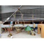 TWO BRASS TABLE LAMPS AND A BRASS CEILING LIGHT FITTING