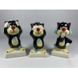 THREE LORNA BAILEY HAND PAINTED AND SIGNED SEE NO EVIL, SPEAK NO EVIL AND HEAR NO EVIL CATS
