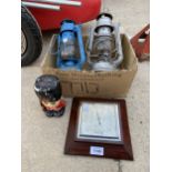 AN ASSORTMENT OF ITEMS TO INCLUDE TWO PARAFFIN LAMPS AND A BAROMETER ETC