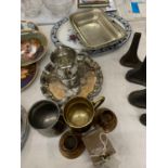 A QUANTITY OF SILVER PLATED AND BRASS ITEMS TO INCLUDE A TRAY, TANKARDS, HANDLED BASKET BOWL PLUS